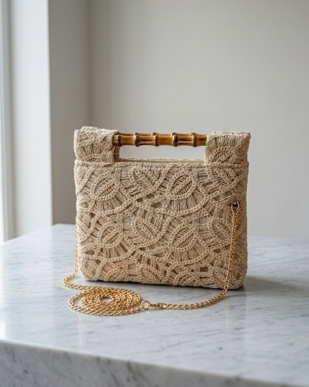 Bolso de Mano Clutch en Macramé con Asa de Bambú y Cadena Desmontable
