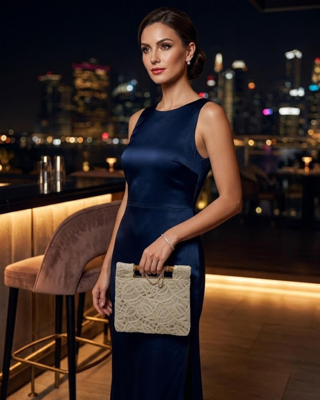 Bolso de Mano Clutch en Macramé con Asa de Bambú y Cadena Desmontable