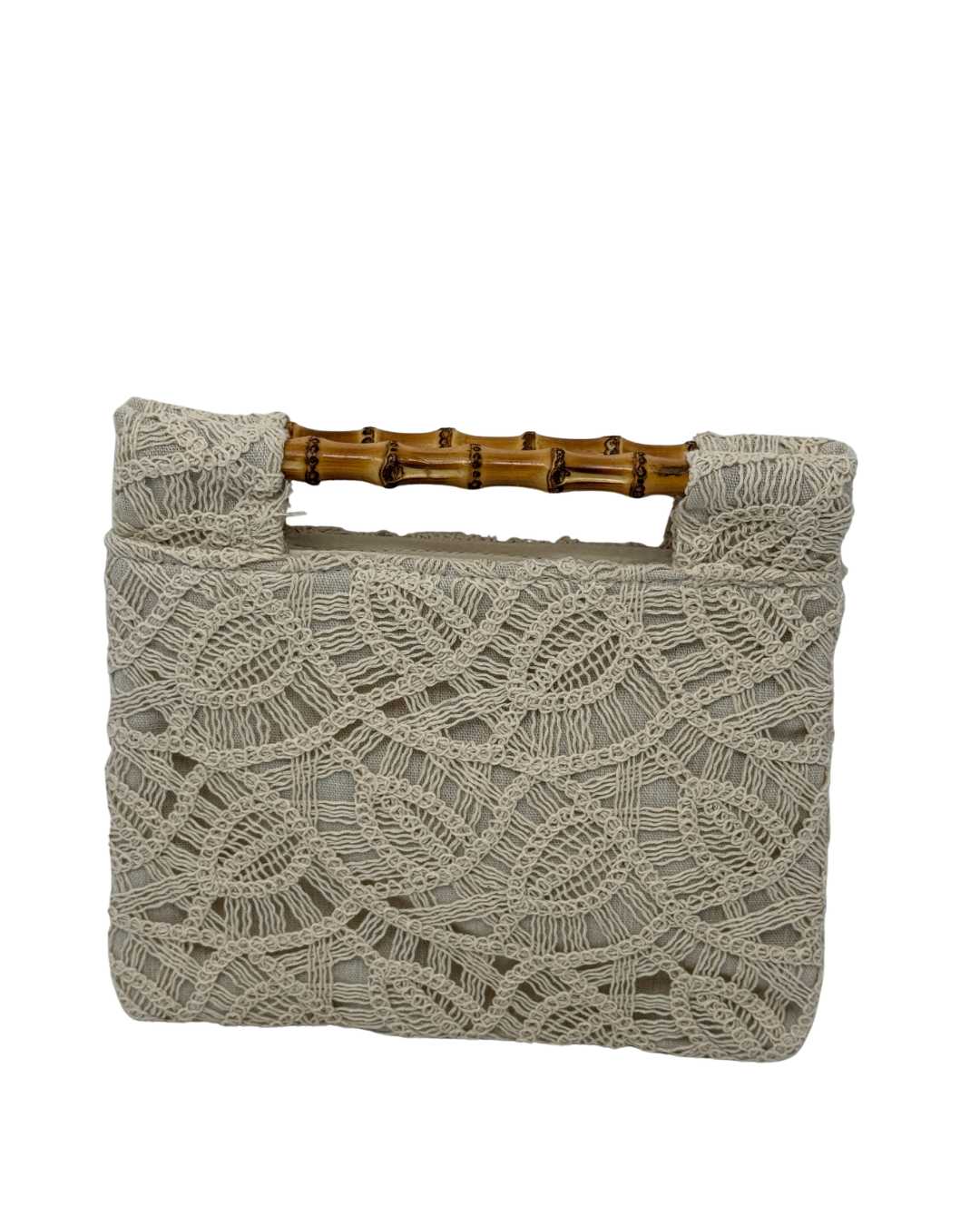Bolso de Mano Clutch en Macramé con Asa de Bambú y Cadena Desmontable