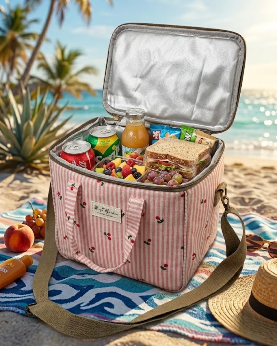 Nevera Portátil Térmica de Rayas y Cerezas – Bolsa Térmica para Playa y Picnic