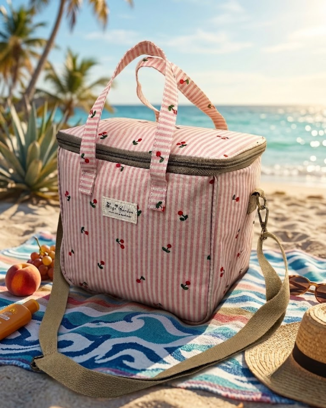 Nevera Portátil Térmica de Rayas y Cerezas – Bolsa Térmica para Playa y Picnic
