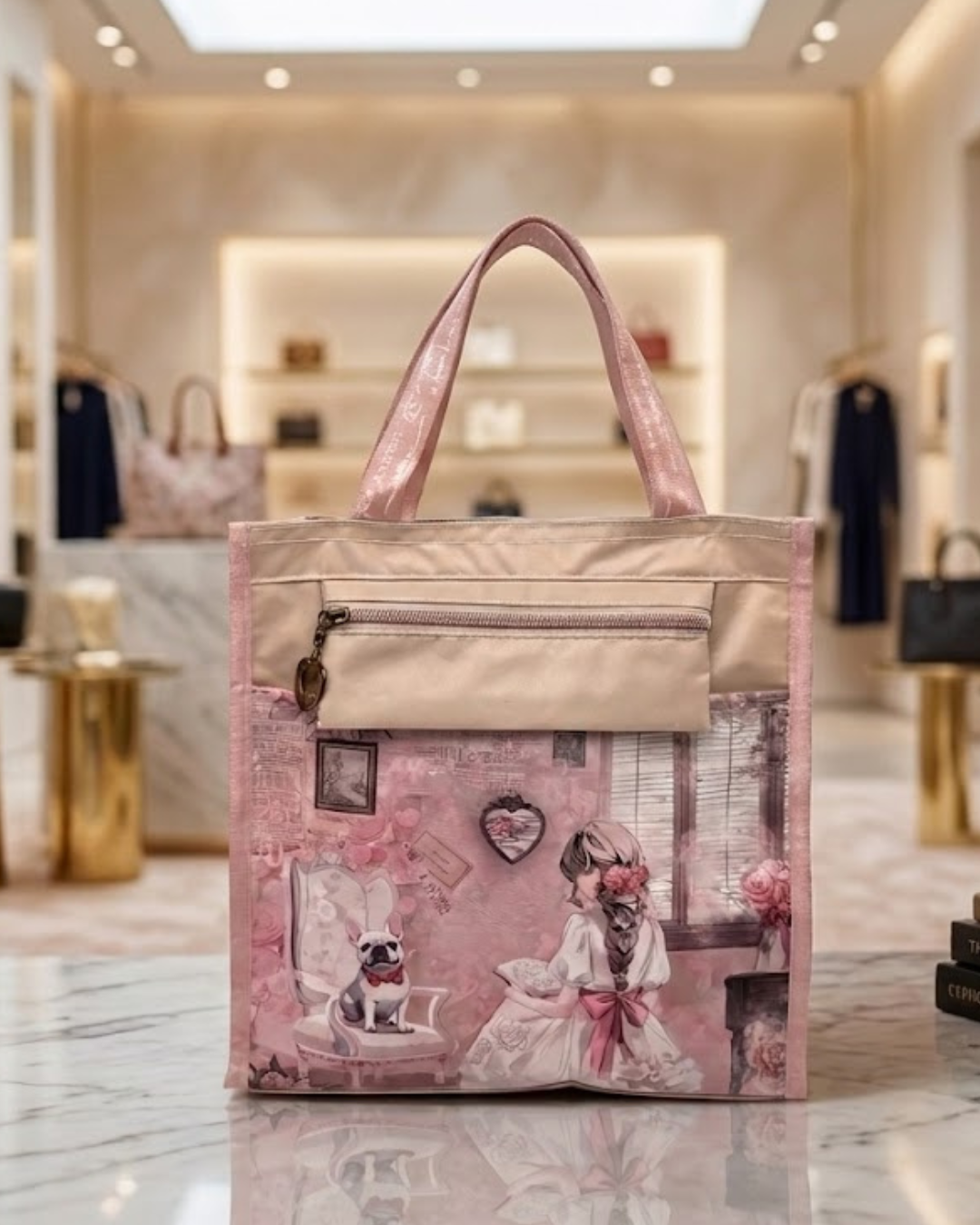 Bolso Tote Sweet Candy de Tela Estampado Romántico con Cremallera y Bolsillos
