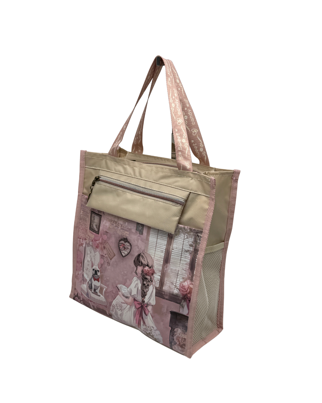 Bolso Tote Sweet Candy de Tela Estampado Romántico con Cremallera y Bolsillos