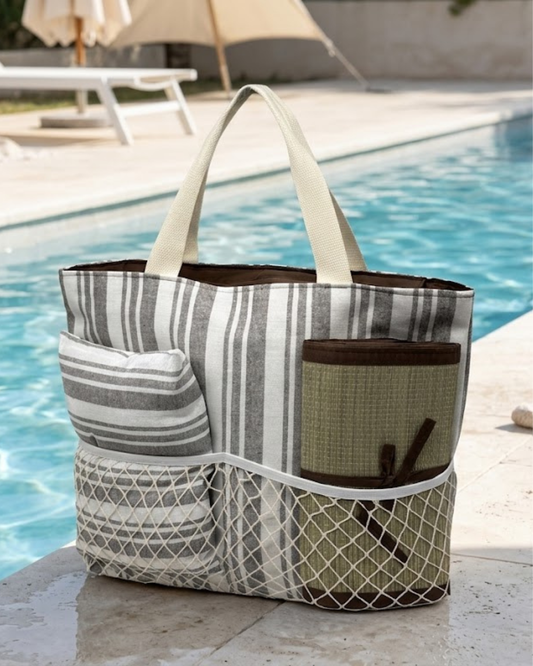 Bolso de Playa 3 en 1 con Cojín y Esterilla - Bolsa de Piscina a Rayas