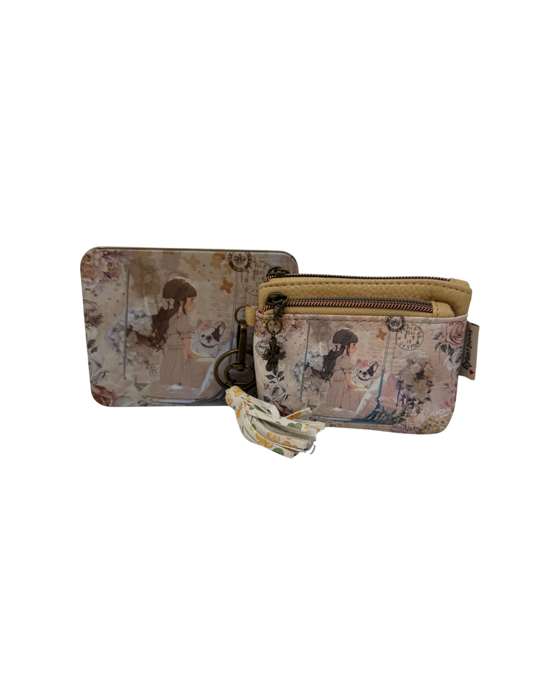 Monedero con Doble Cremallera Sweet Candy - Diseño Vintage Chica y Bulldog con Caja Metálica