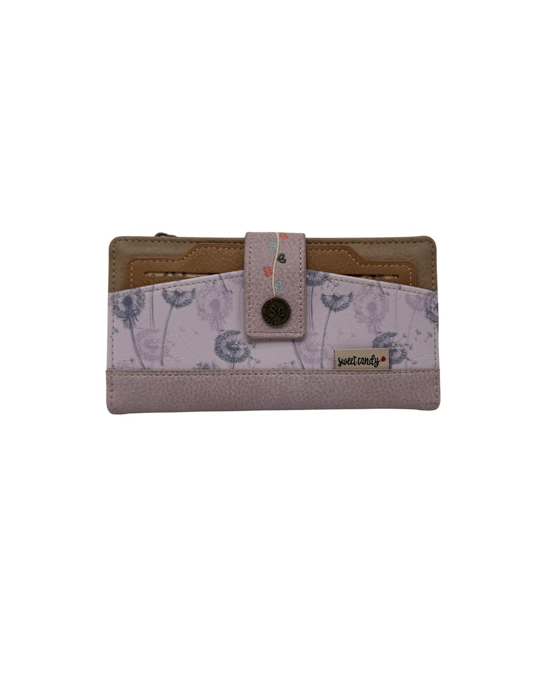 Parte trasera de la cartera alargada Sweet Candy con estampado de dientes de leon y cierre de boton bordado