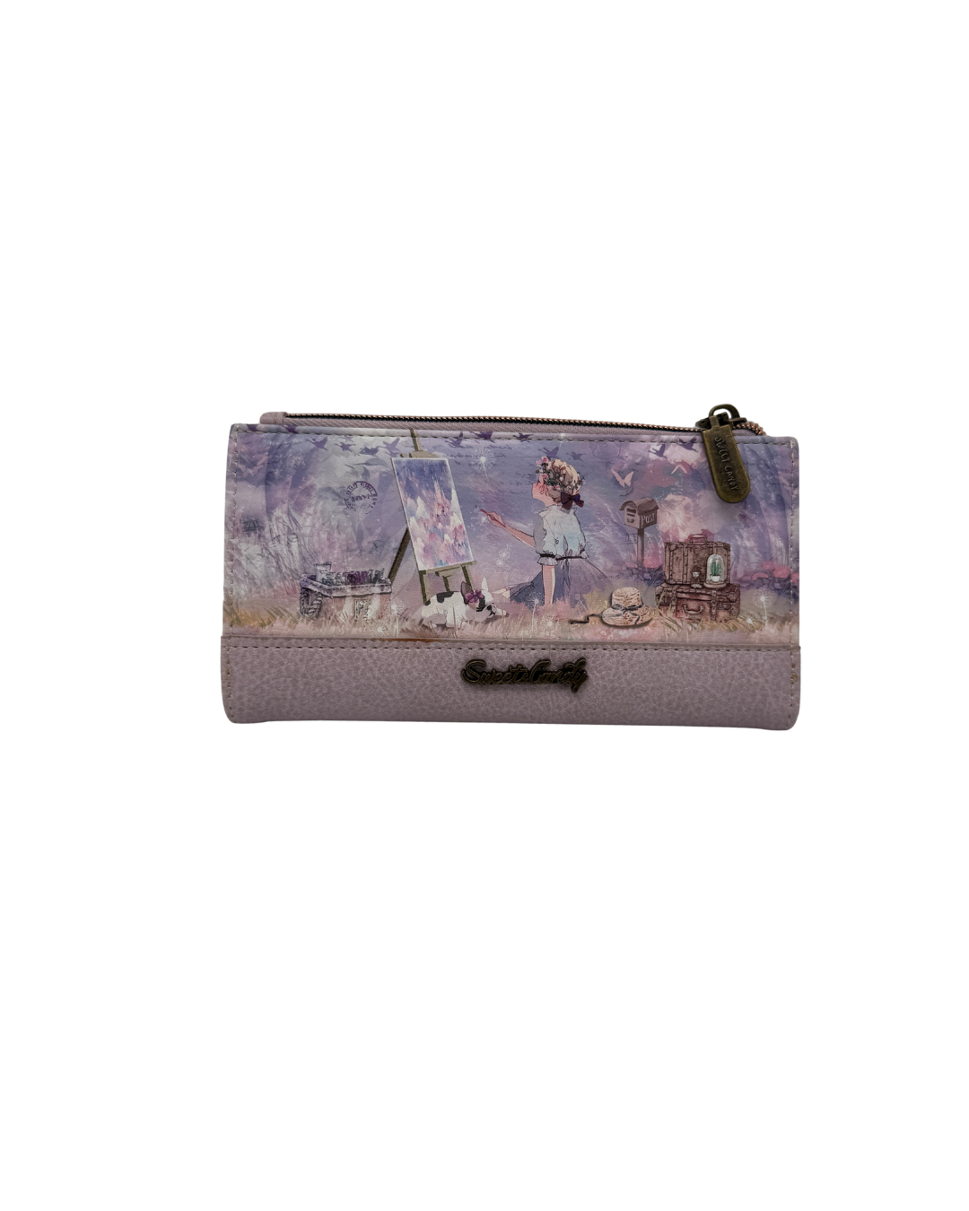 Cartera billetera grande Sweet Candy con diseño ilustrado de chica pintando un cuadro en tonos lilas y malvas