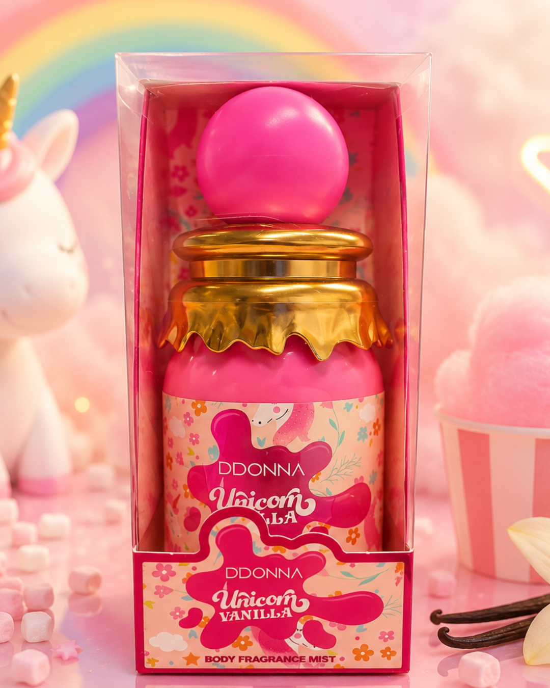 Bruma Corporal D’DONNA Unicorn Vanilla – Body Mist Vainilla Mágica y Flores Blancas (300 ml)