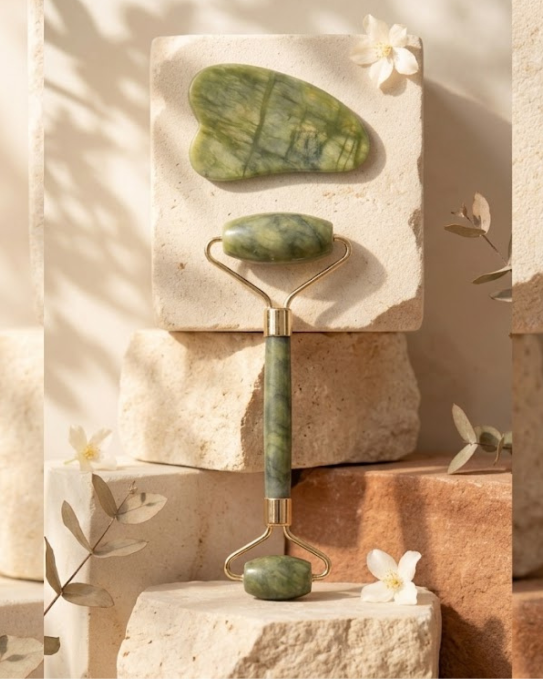 Set Masajeador Facial Rodillo de Jade y Piedra Gua Sha Natural | Ritual Drenante y Antiedad