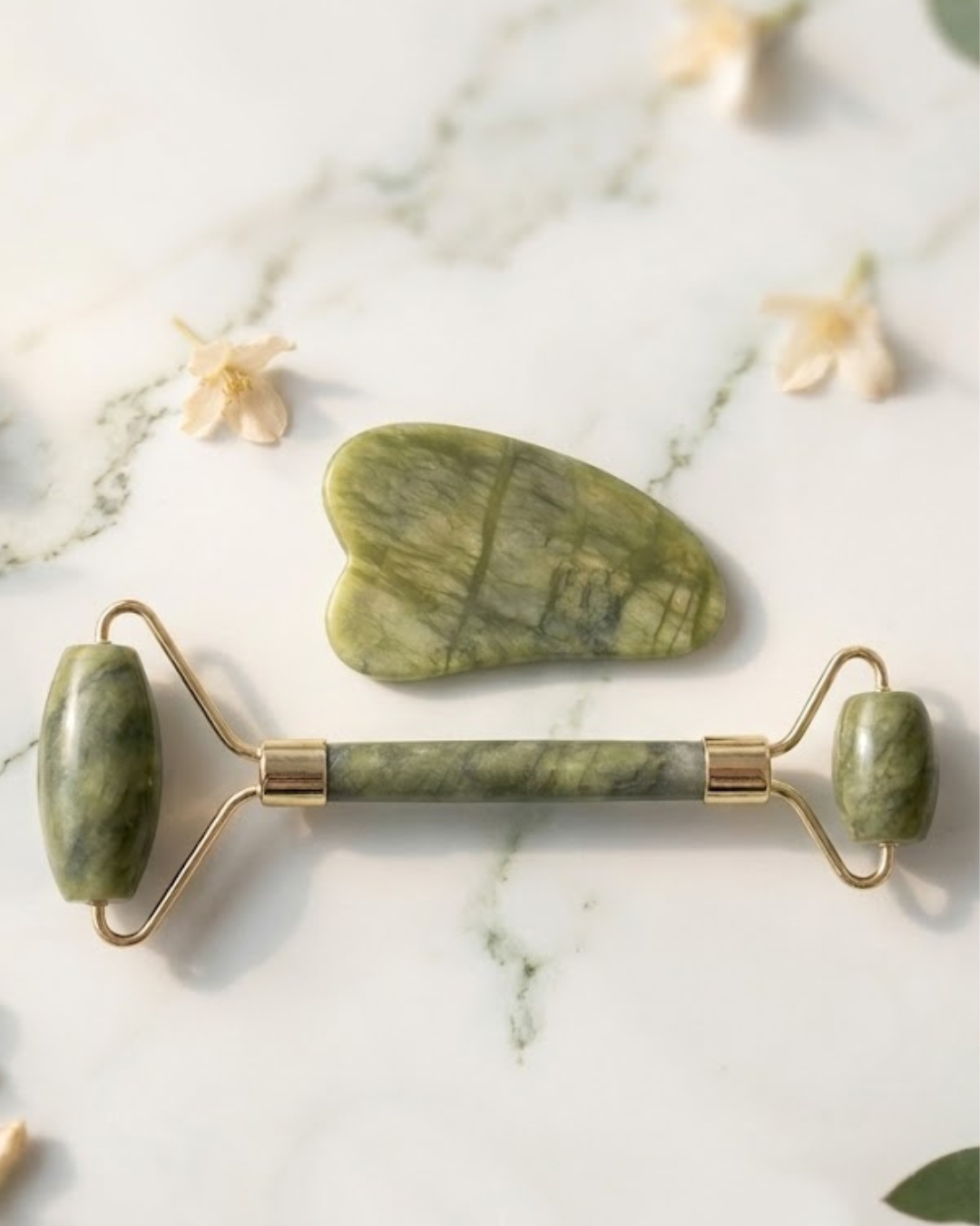 Set Masajeador Facial Rodillo de Jade y Piedra Gua Sha Natural | Ritual Drenante y Antiedad