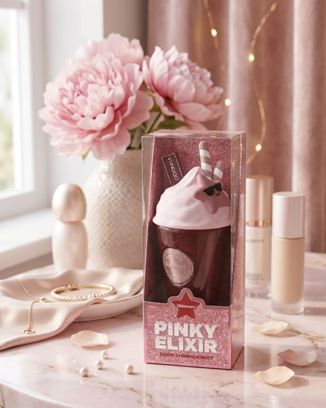 Perfume con purpurina Pinky Elixir D'DONNA en caja con forma de batido rosa sobre mesa de mármol decorada
