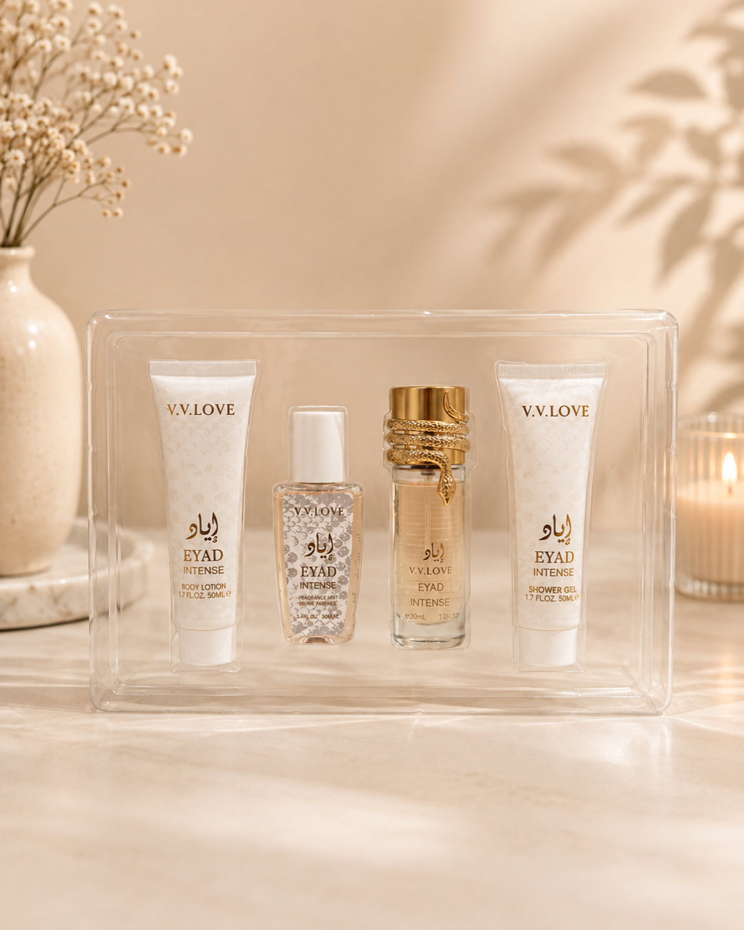 Set de Perfume y Cuidado Corporal V.V.LOVE EYAD INTENSE – Estuche de Regalo 4 Piezas