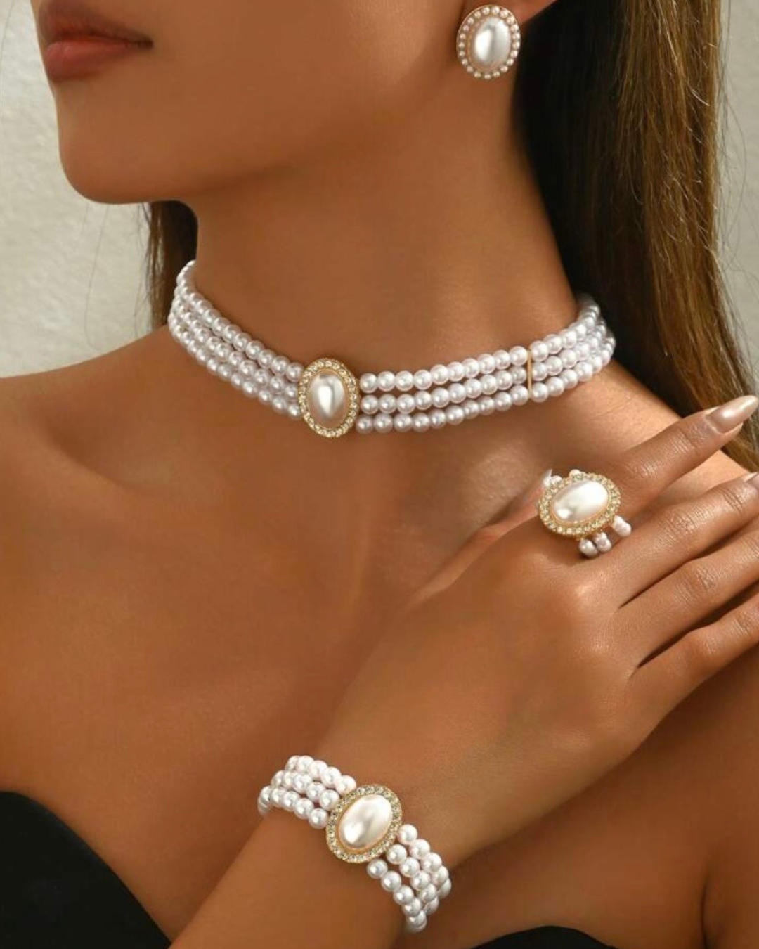 Conjunto Elegante de Perlas Estilo Vintage | Juego de Choker, Pulsera, Pendientes y Anillo