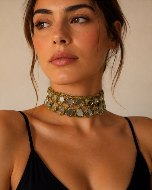 Gargantilla Choker Dorado con Espejos en Forma de Gota | Collar Étnico de Red