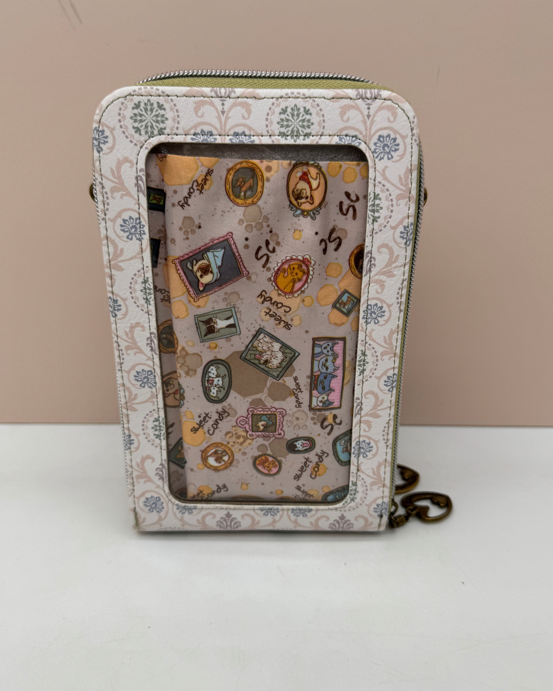 Bolso Portamóvil y Billetero Sweet Candy – Estampado Galería Gatito Vintage (Verde y Beige)