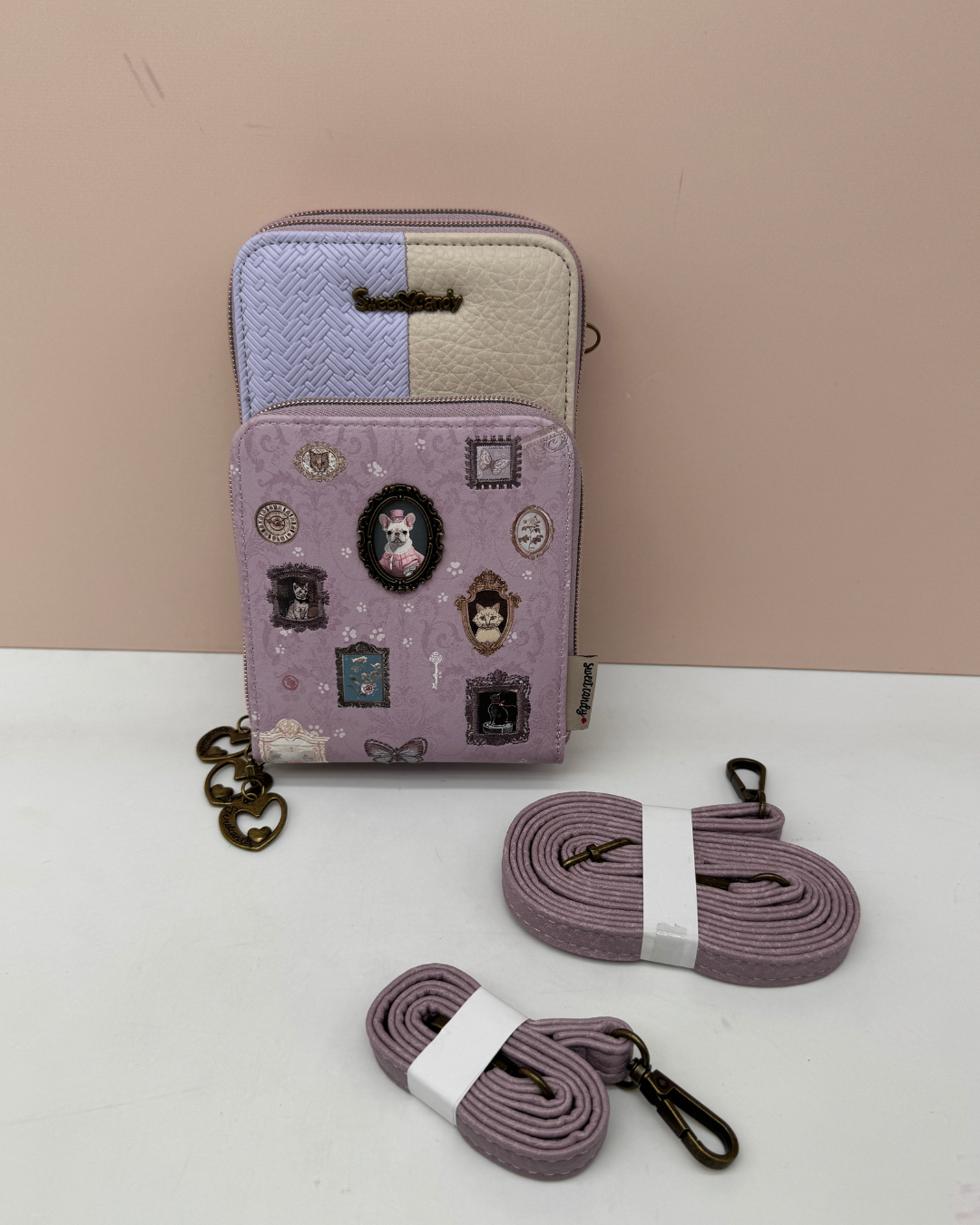 Bolso Portamóvil y Billetero Sweet Candy – Estampado Galería Perrita Vintage (Malva y Lila)