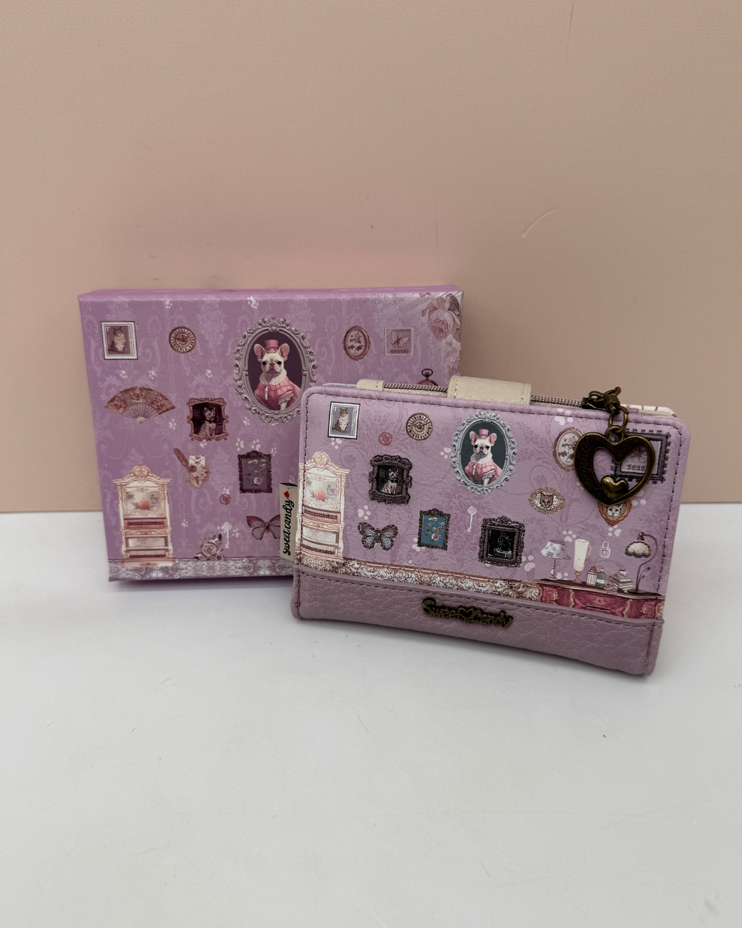 Cartera Billetera Sweet Candy Lila Vintage con Cajita a Juego – Edición Limitada Perrito Frenchie