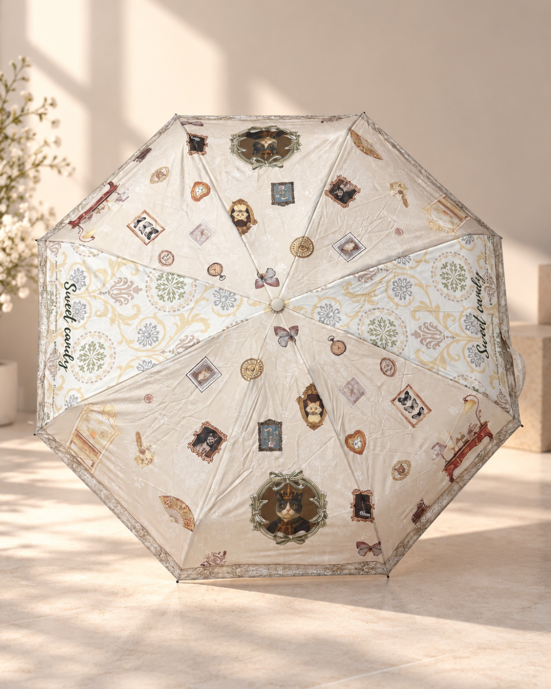 Paraguas plegable pequeño Sweet Candy crema de edición limitada con estampado vintage