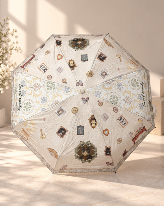 Paraguas plegable pequeño Sweet Candy crema de edición limitada con estampado vintage