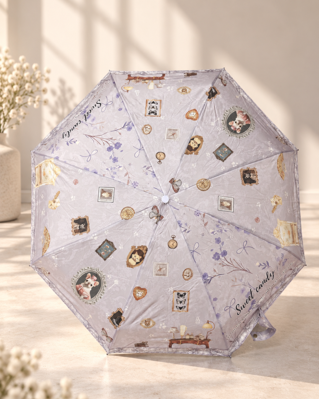 Paraguas plegable pequeño Sweet Candy lila de edición limitada con estampado vintage