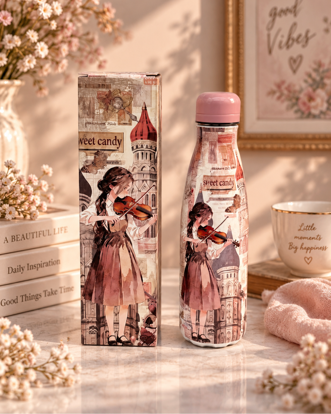 Botella térmica Sweet Candy 350 ml con diseño vintage de violinista en tonos rosa y caja decorada a juego