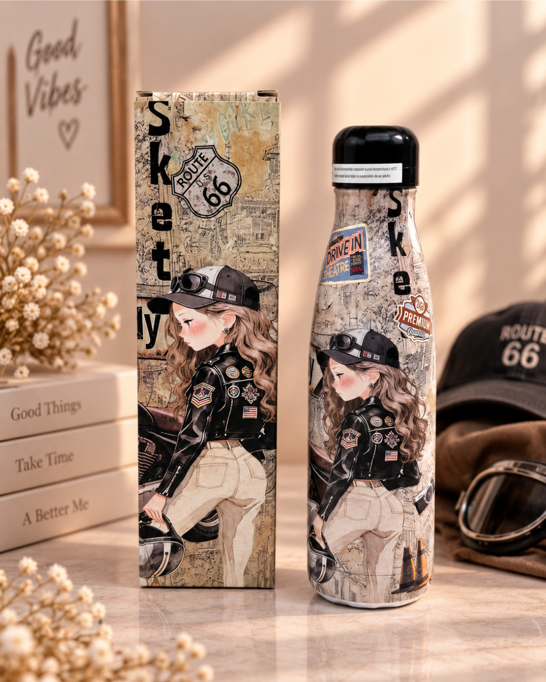 Botella térmica Sweet Candy 350 ml Route 66 con diseño de chica motera y caja decorativa a juego