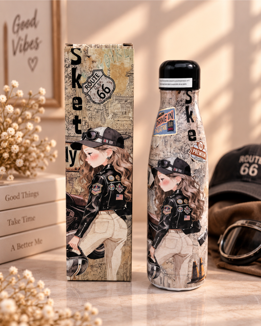 Botella térmica Sweet Candy 350 ml Route 66 con diseño de chica motera y caja decorativa a juego