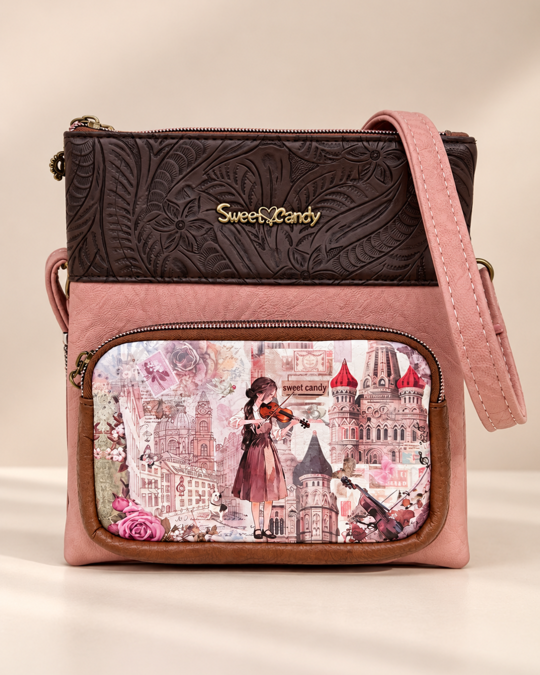 Bolso Bandolera Sweet Candy Rosa y Marrón con Bolsillo Frontal – Estampado Vintage