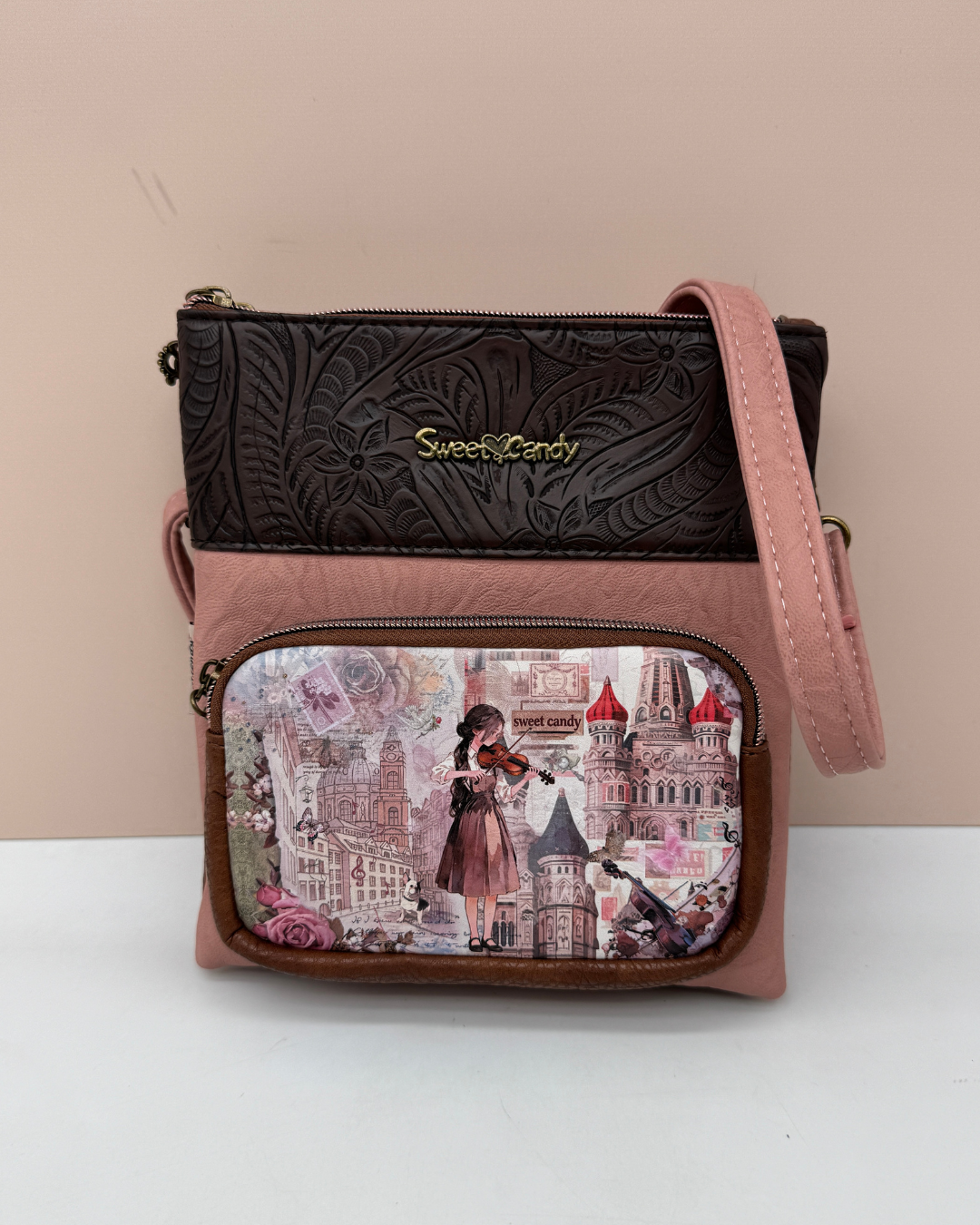 Bolso Bandolera Sweet Candy Rosa y Marrón con Bolsillo Frontal – Estampado Vintage
