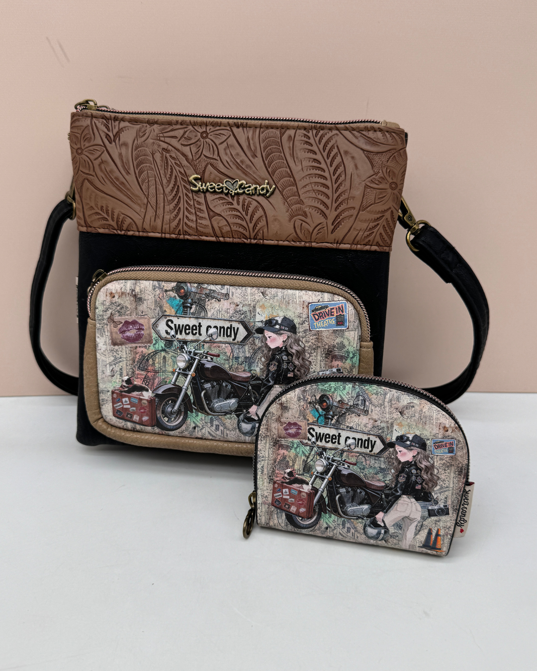 Bolso Bandolera Sweet Candy Negro y Camel con Estampado Vintage Moto