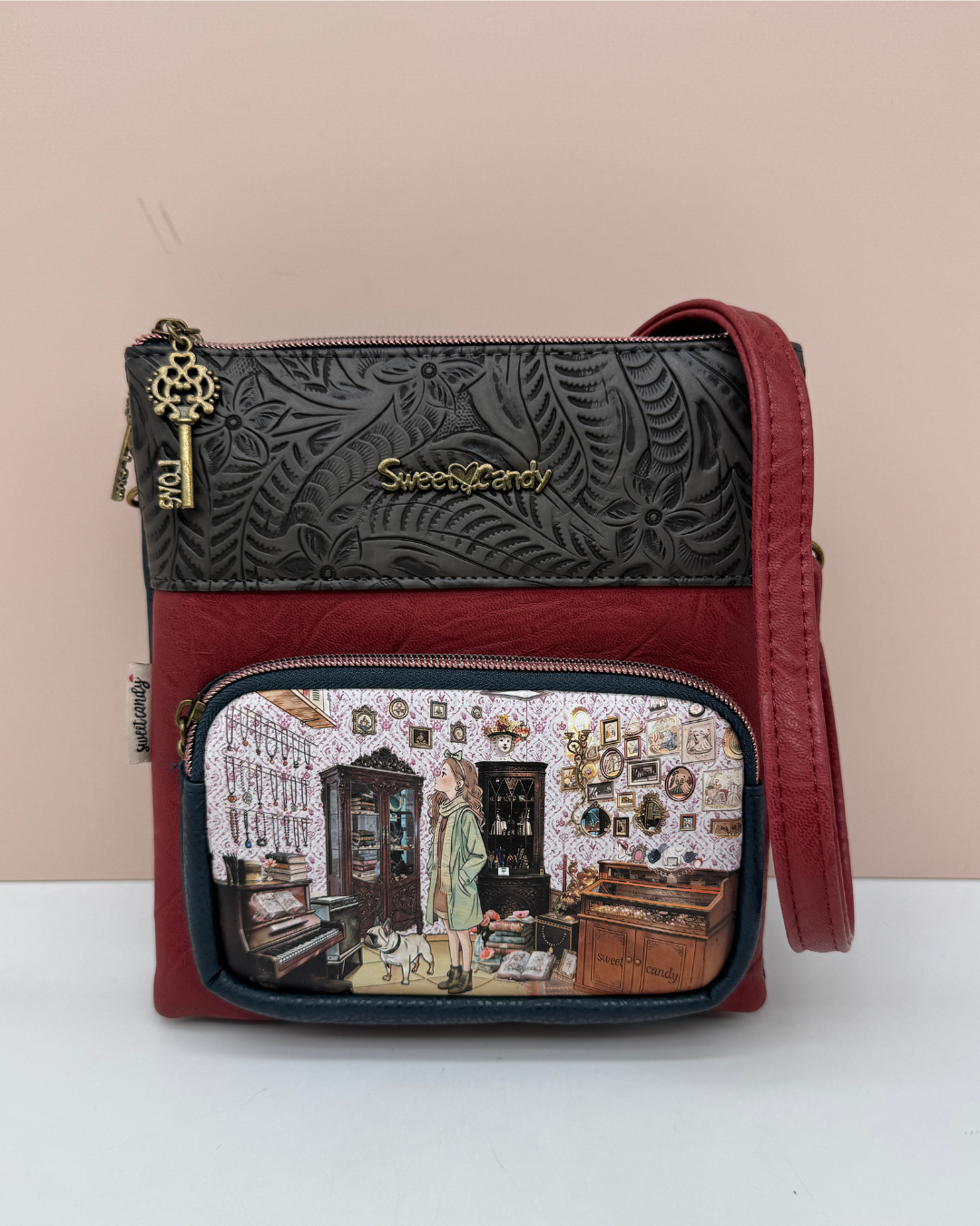 Bolso Bandolera Sweet Candy Burdeos y Negro con Estampado Vintage