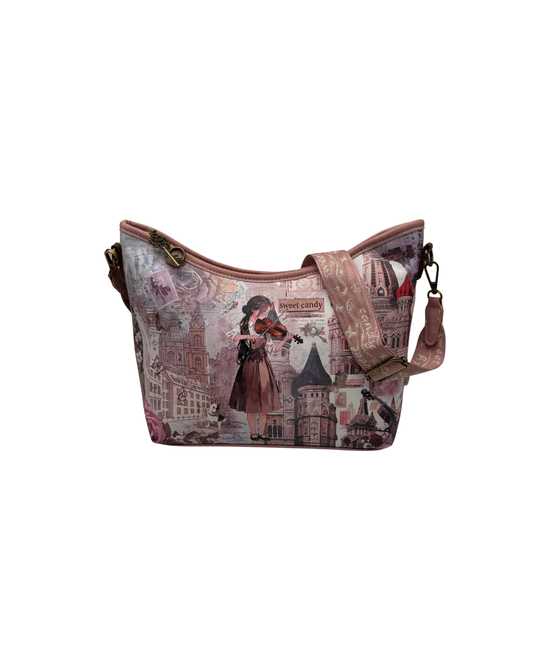 Conjunto Sweet Candy Bolso + Bandolera Mujer Rosa Estampado Musical