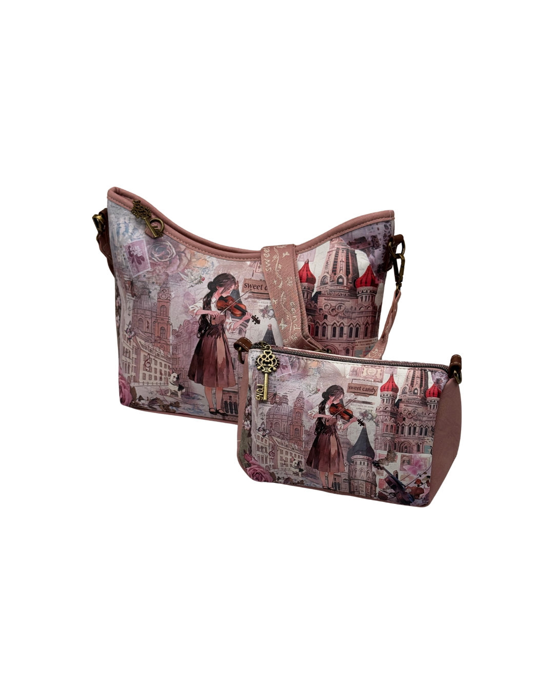 Conjunto Sweet Candy Bolso + Bandolera Mujer Rosa Estampado Musical