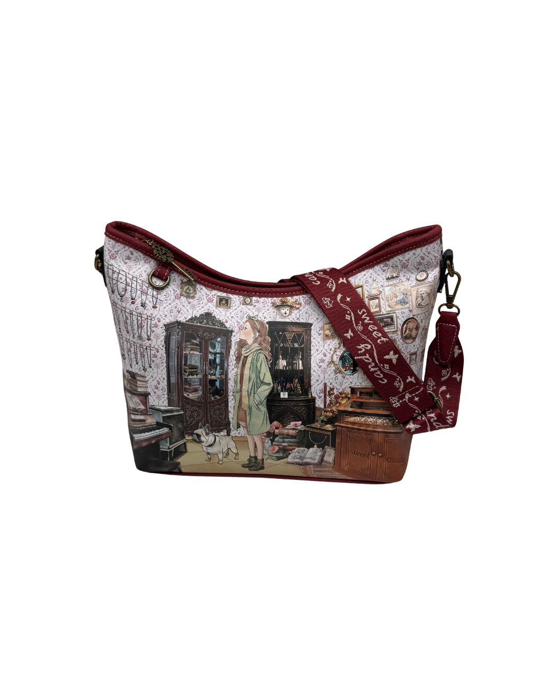 Conjunto Sweet Candy Bolso + Bandolera Mujer Burdeos Estampado Vintage