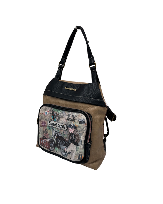 Mochila Sweet Candy Mujer Beige y Negra – Estampado Motero Racing