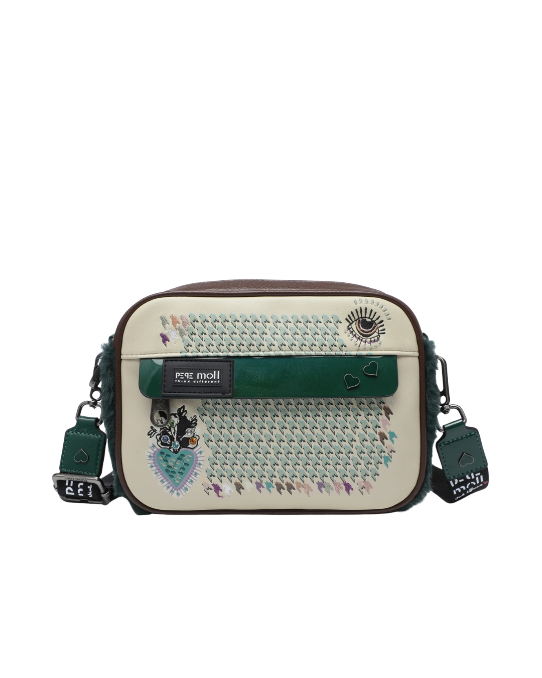 Bandolera Pepe Moll Verde con Corazones y Detalles de Pelo