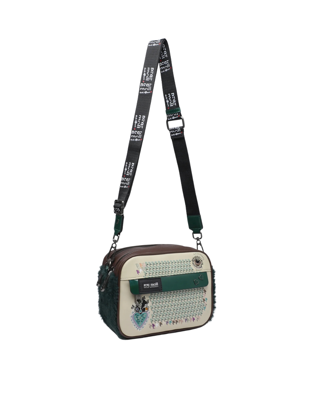 Bandolera Pepe Moll Verde con Corazones y Detalles de Pelo