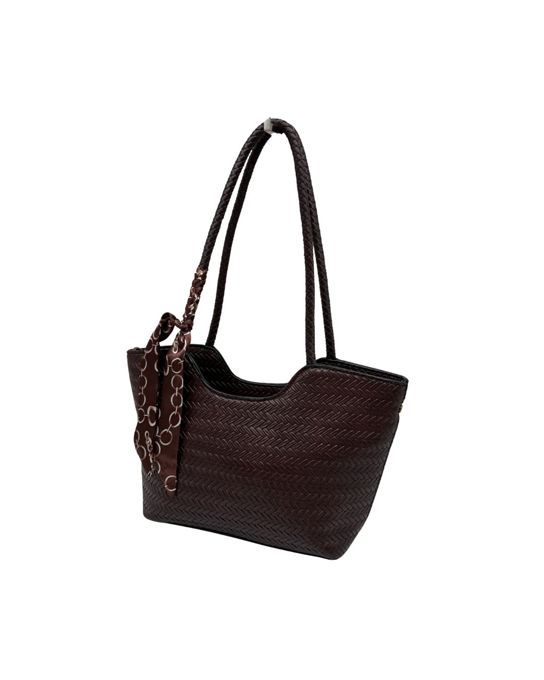 Bolso Shopper Marrón Trenzado con Pañuelo – Bolso de Hombro Mujer