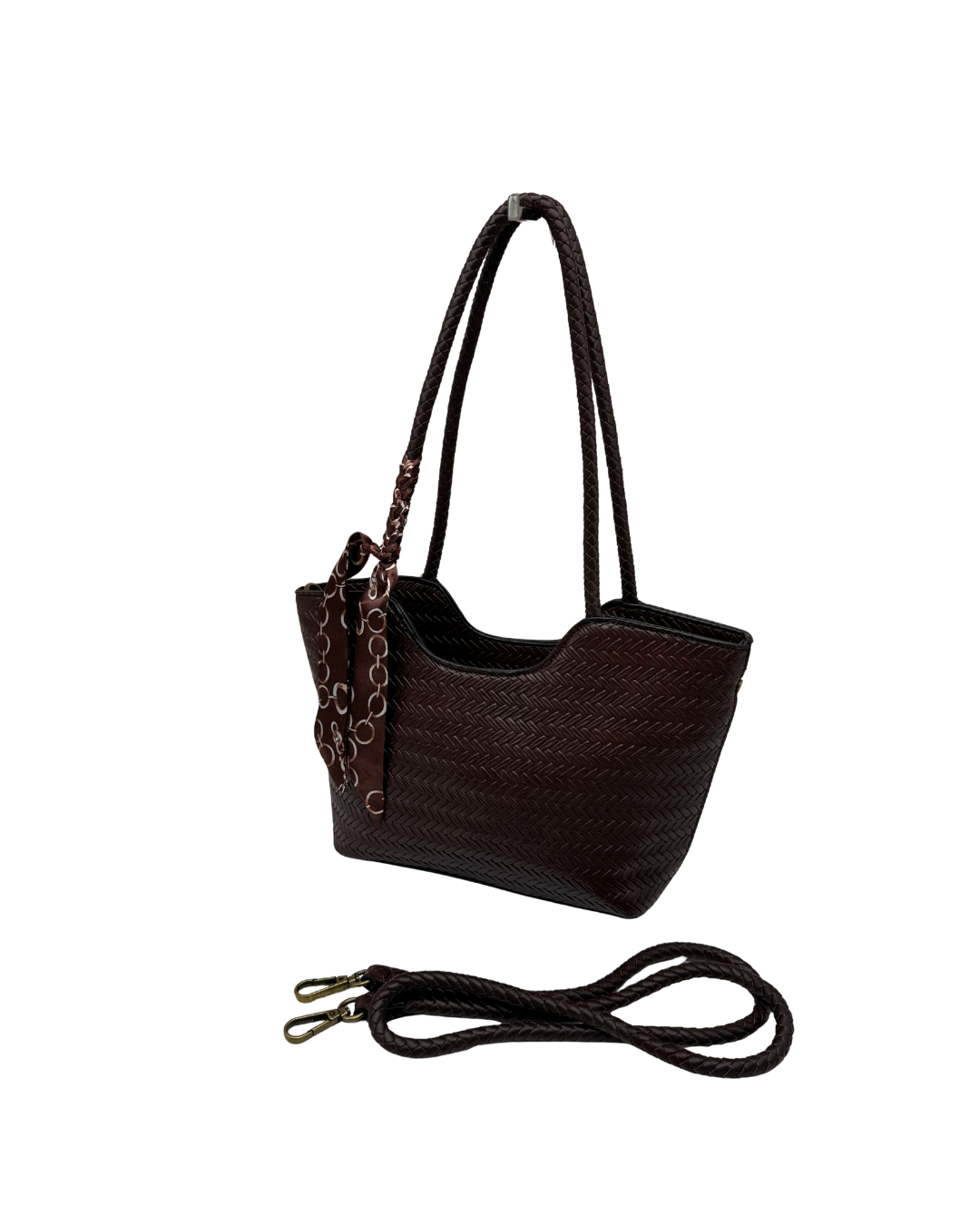 Bolso Shopper Marrón Trenzado con Pañuelo – Bolso de Hombro Mujer