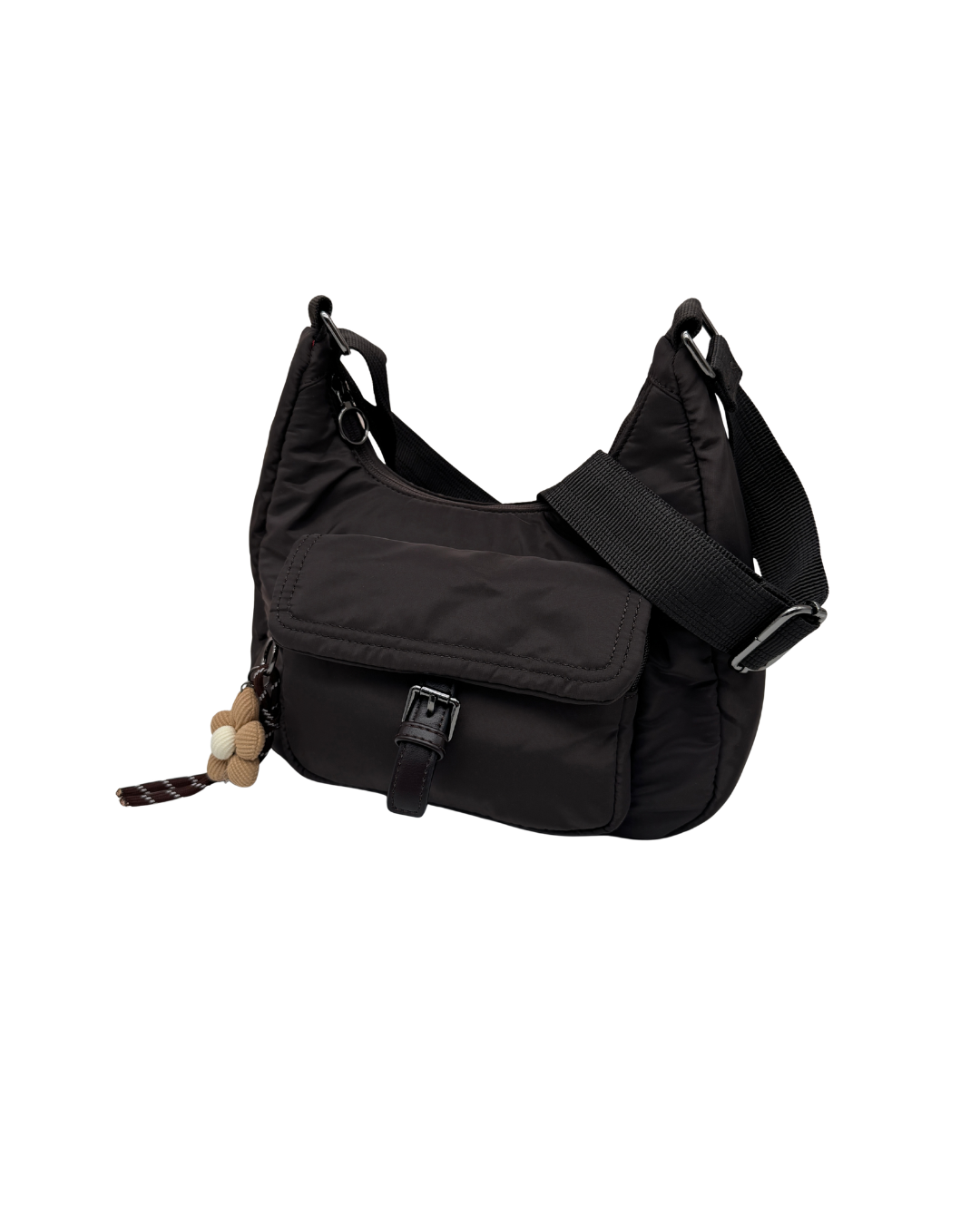 Bolso Bandolera Negro de Nylon con Bolsillo Frontal y Correa Ancha Ajustable