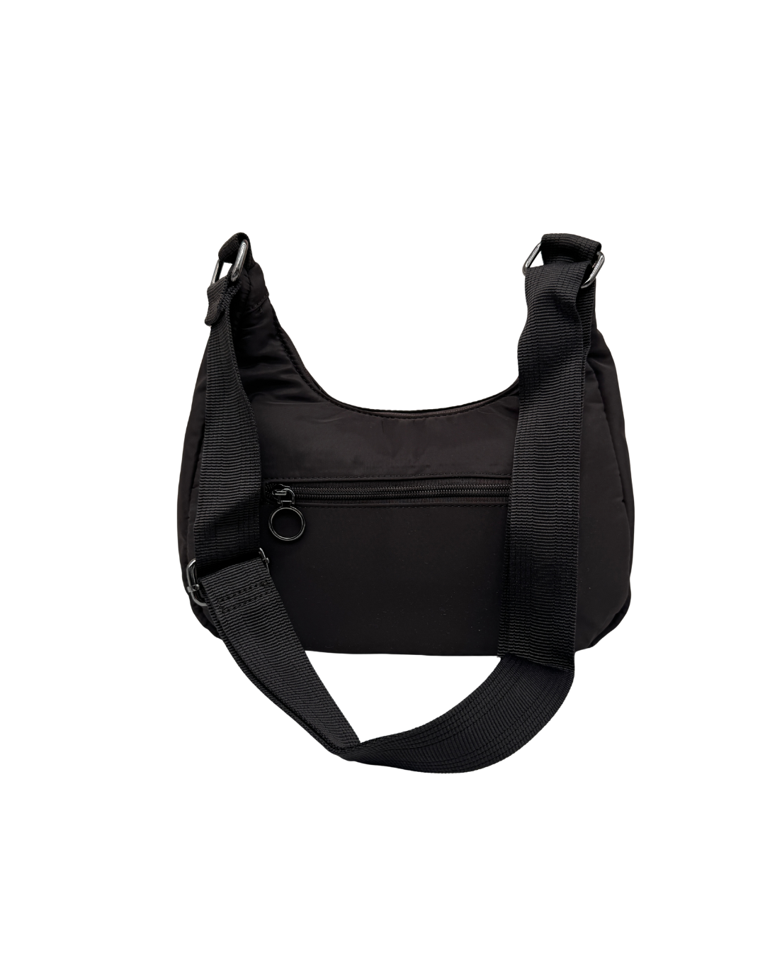 Bolso Bandolera Negro de Nylon con Bolsillo Frontal y Correa Ancha Ajustable