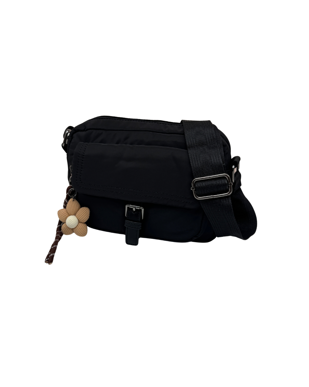 Bolso Bandolera Negro de Nylon con Correa Ancha y Bolsillo Frontal
