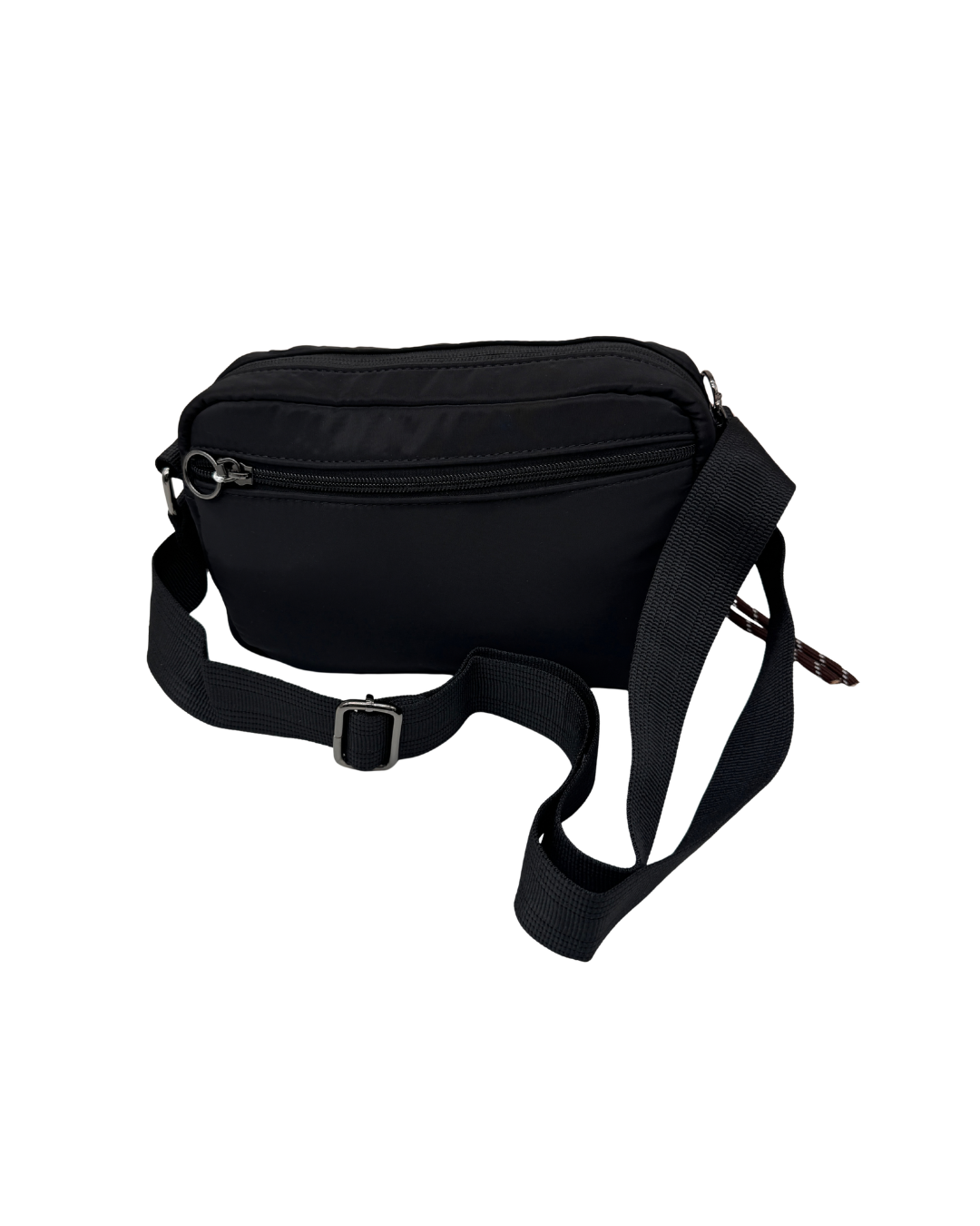 Bolso Bandolera Negro de Nylon con Correa Ancha y Bolsillo Frontal