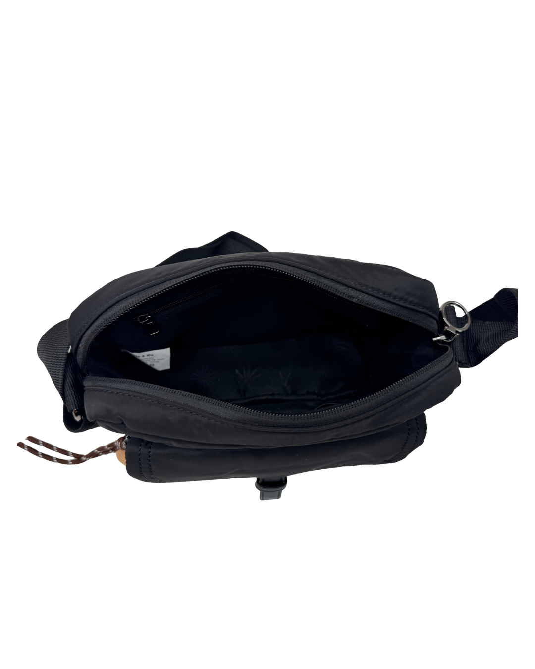 Bolso Bandolera Negro de Nylon con Correa Ancha y Bolsillo Frontal