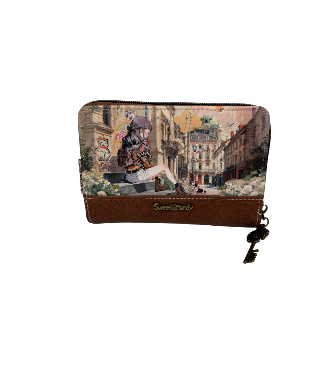 Cartera Sweet Candy Mujer con Cremallera, Ilustración Urbana y Colgante