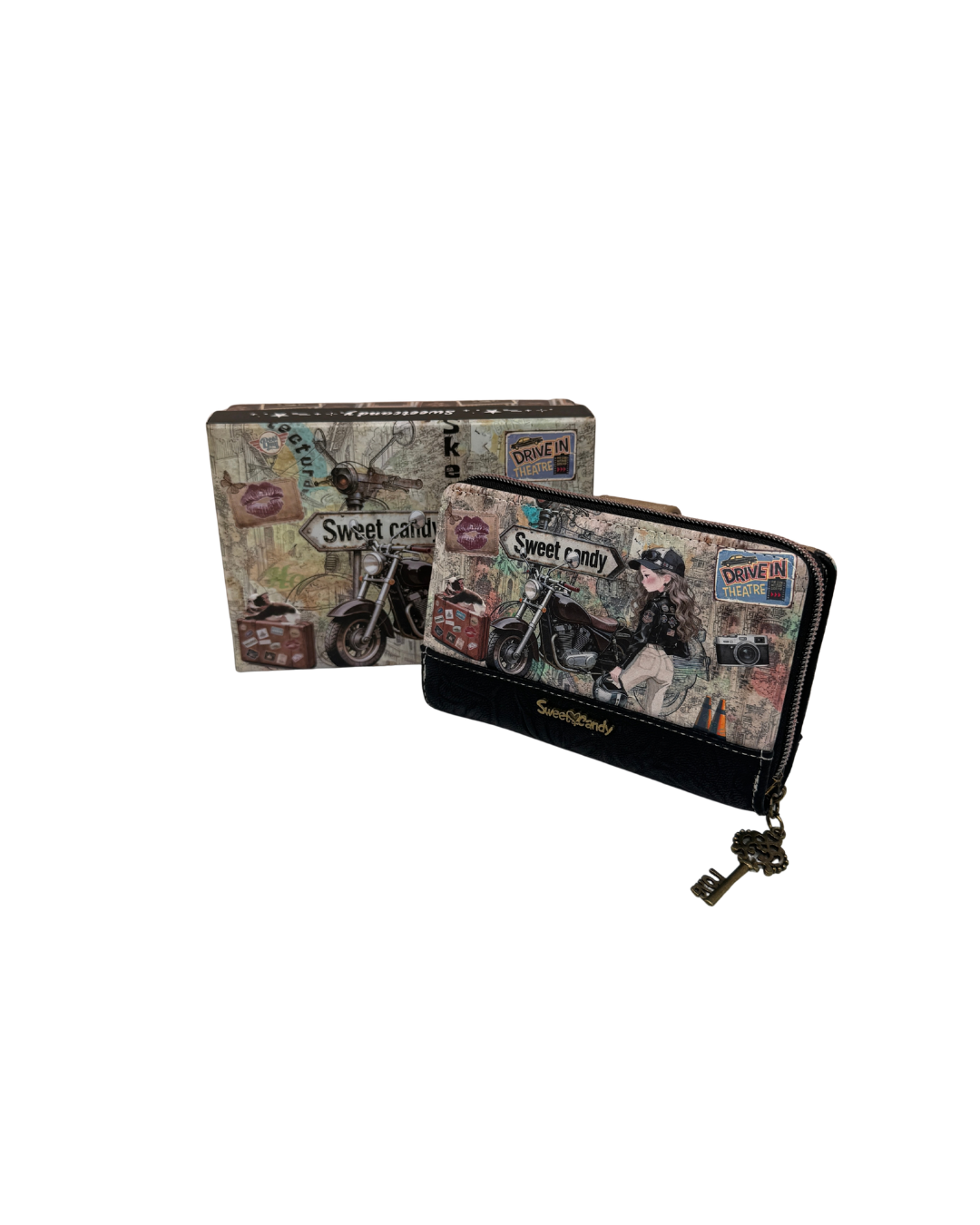 Cartera Sweet Candy Mujer Negra con Cremallera, Diseño Motero y Caja
