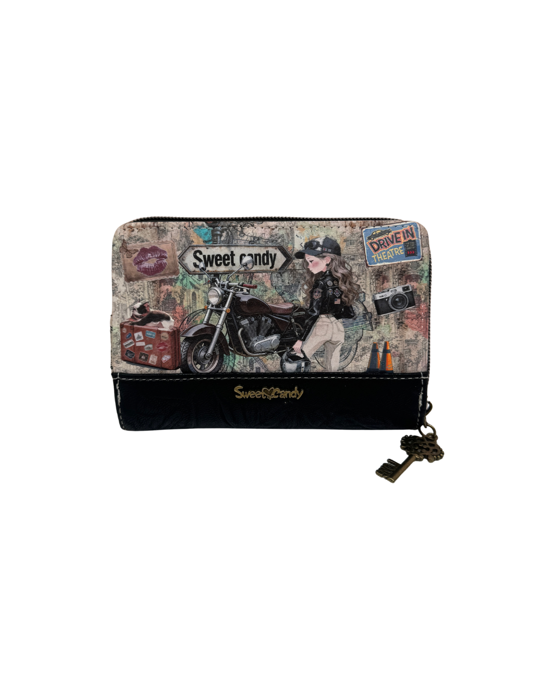 Cartera Sweet Candy Mujer Negra con Cremallera, Diseño Motero y Caja