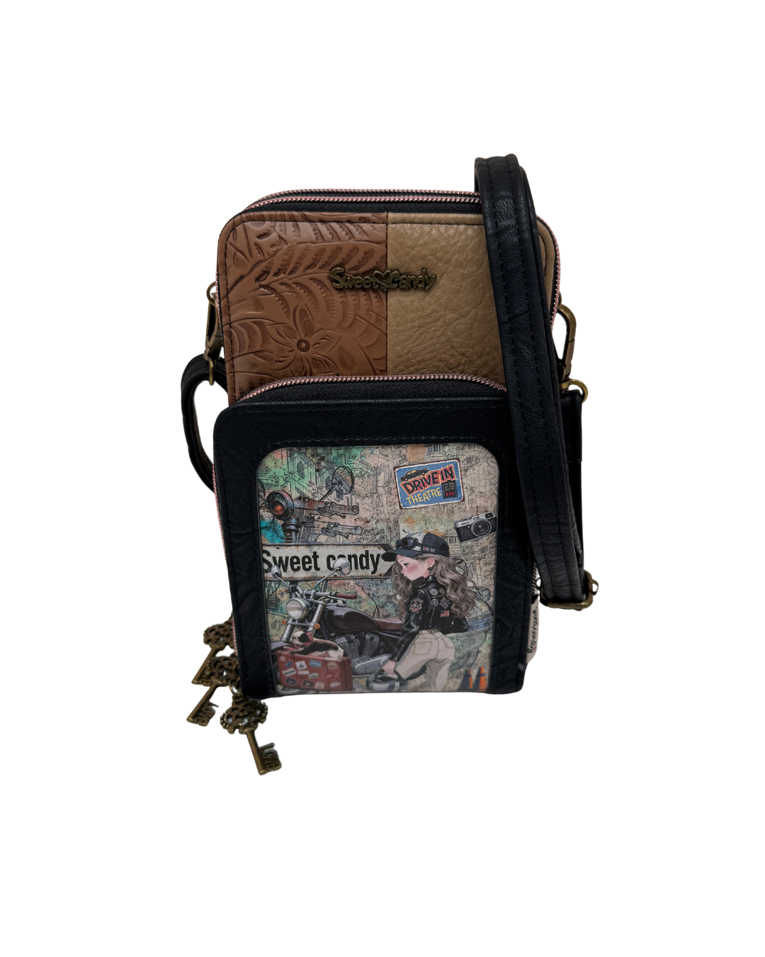 Bolso Bandolera Sweet Candy Negro con Estampado Motero