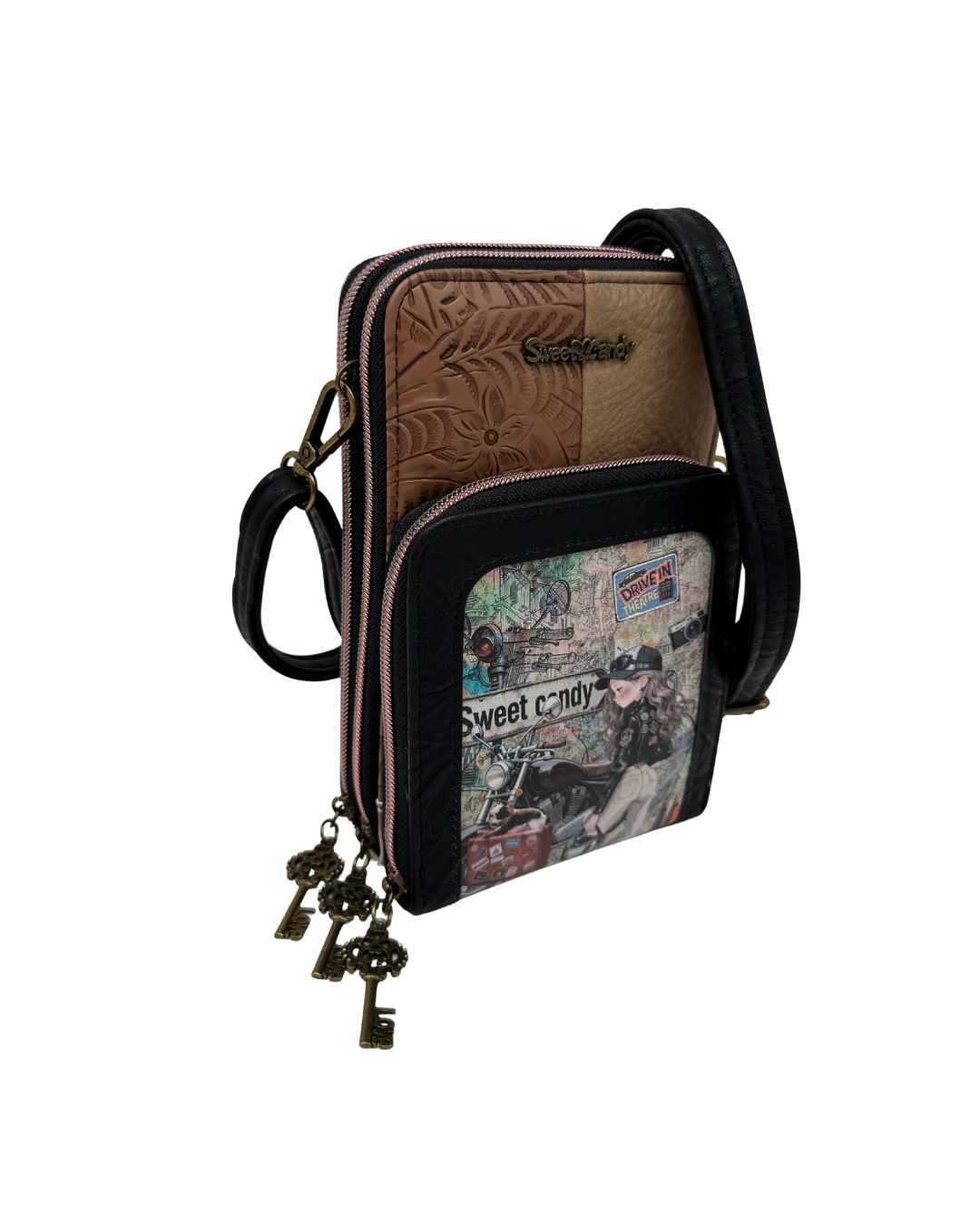 Bolso Bandolera Sweet Candy Negro con Estampado Motero