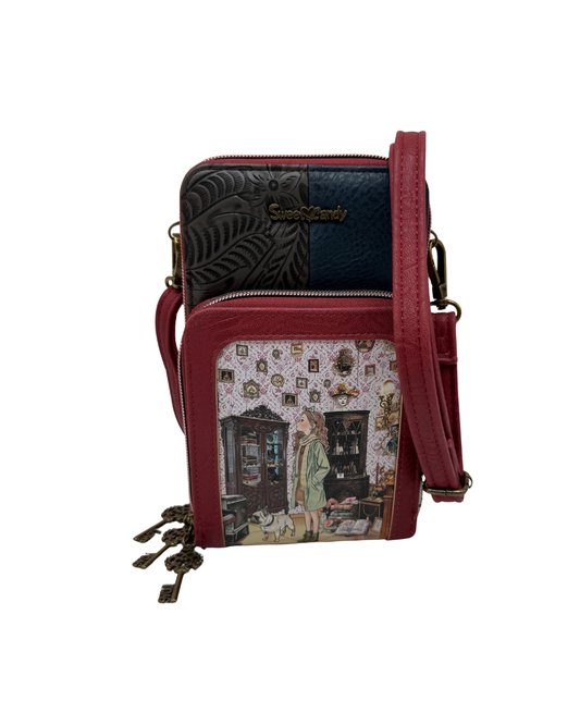 Bolso Bandolera Sweet Candy Burdeos con Estampado Vintage